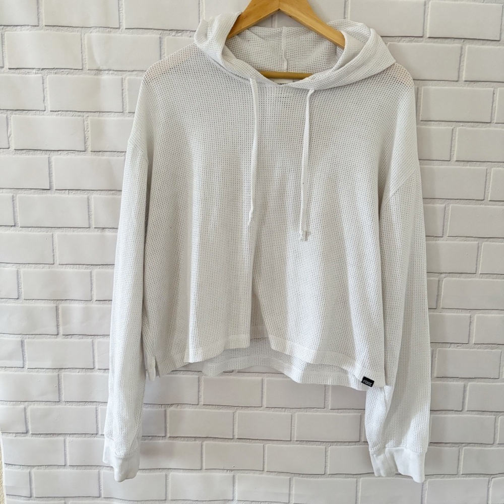 Pink Victoria's Secret Hoodie Large White Mesh Knit Cropped Pullover Athleisure